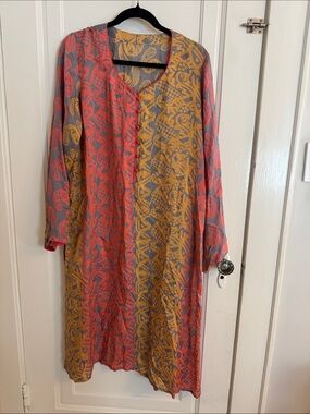 Two-Tone Printed Long Sleeve Dress in Coral and Mustard